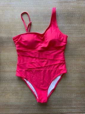 Pink Lily One-Shoulder Red One-Piece Mesh Swimsuit. New Without Tags